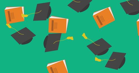 Graduation Caps and Books on Green Background