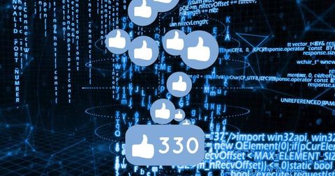 Rising Social Engagement Metrics Over Neon Code Grid Showing Likes Analytics and Dataflow