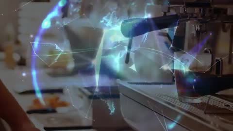 Espresso Shot with Digital Globe and Network Nodes in Cafe