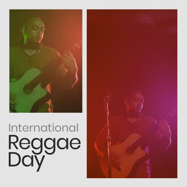 Celebrating International Reggae Day, image shows a mid adult African American man engaging in a lively guitar performance. The collage features a colorful light backdrop, emphasizing the vibrant and rhythmic spirit of reggae. Ideal for promoting music festivals, cultural celebrations, music events, or musical content centered around reggae influences.