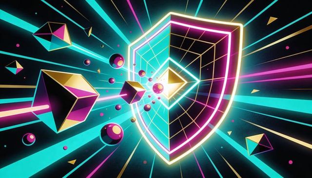 Neon shield deflecting digital cubes for futuristic cybersecurity and network protection