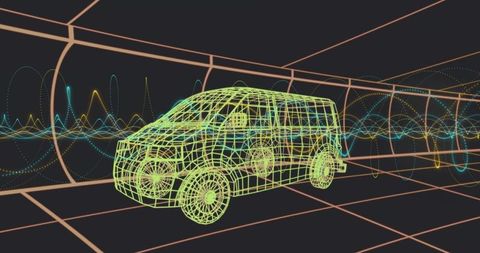 Neon Wireframe Van Rotating Inside Virtual 3D Tunnel With Glowing Grid and Waveforms