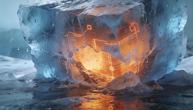 Glowing circuit core melting inside crystal ice cube, futuristic tech thaw macro close-up