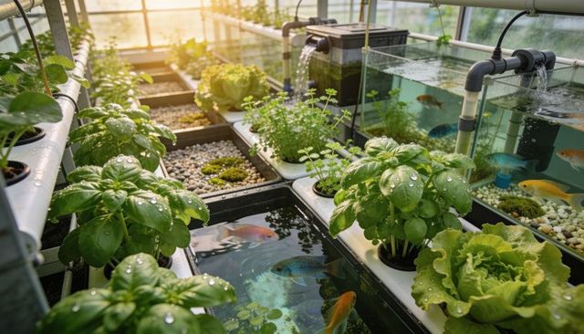 Sustainable aquaponics greenhouse growing basil and lettuce above colorful fish tanks