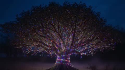 Glowing Tree with String Lights in Misty Field at Night