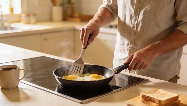 Man flipping sunny side up eggs on stovetop with spatula in cozy morning kitchen