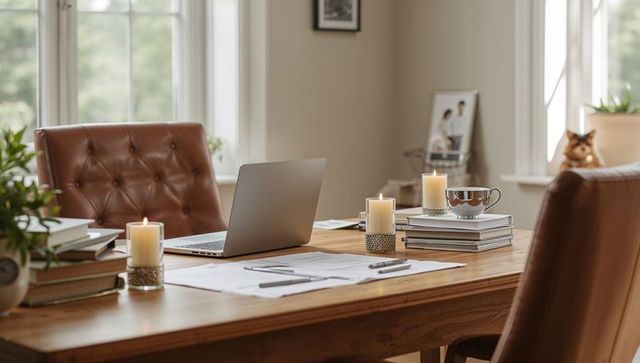 Cozy Home Office with Laptop and Candlelight Ambience