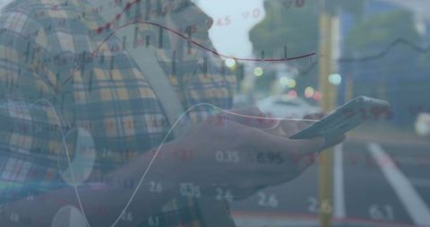 Casual Man Checking Smartphone with Financial Data Overlay