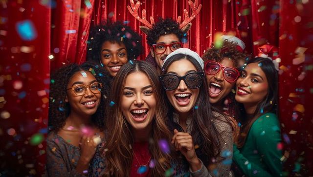 Cheerful Friends Celebrating Festive Event with Confetti