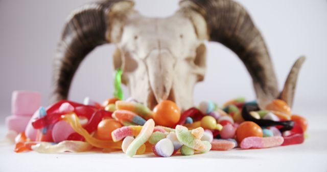 A ram skull is positioned behind an assortment of colorful candies, creating a stark contrast between the natural and the artificial. This juxtaposition may evoke thoughts on mortality and the fleeting nature of pleasure.