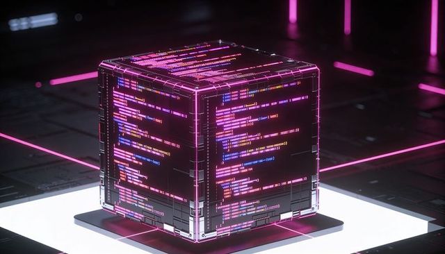 Neon holographic code cube glowing with multicolor programming lines on futuristic circuit