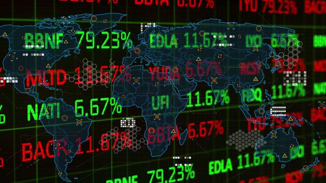 Visualizing global stock market data on a world map highlights financial trends and market fluctuations. This can be used for financial news graphics, investment analysis reports, fintech presentations, and educational content related to finance and global markets.