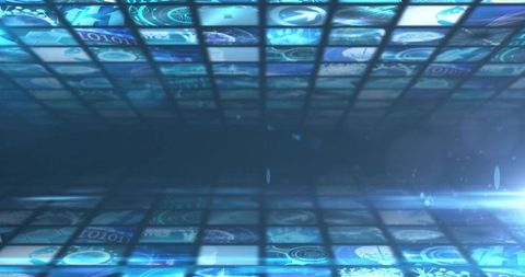 Futuristic digital grid with glowing data icons and screens