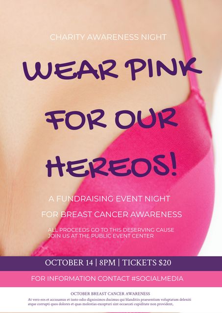 This visual is ideal for promoting a breast cancer awareness campaign or fundraising event, emphasizing the importance of wearing pink to show support. It can be used by charities, healthcare organizations, and event planners to raise awareness, encourage community participation, and drive ticket sales for breast cancer awareness events.