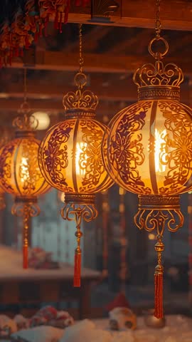 Ornate metal lanterns swaying in rustic workshop with warm amber glow vertical video