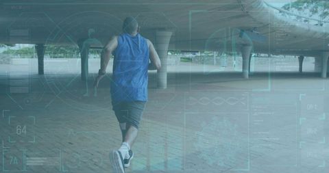 Urban runner passing under curved overpass with futuristic HUD overlay for fitness tech