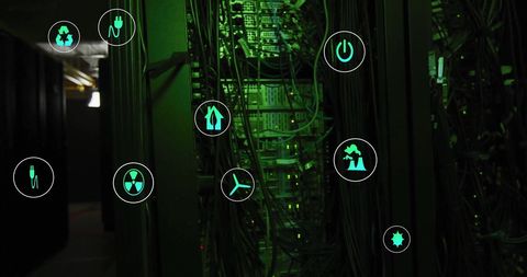 Green technology icons over data center server