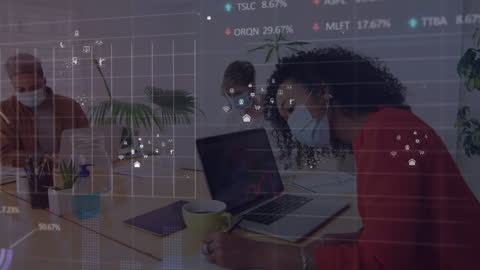 Diverse Team Analyzing Data with Digital Overlay During Pandemic