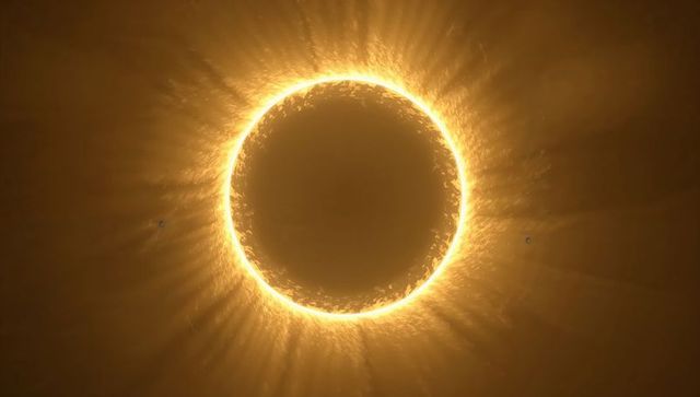Solar eclipse with radiant golden corona, dark occluding disc and transiting planets