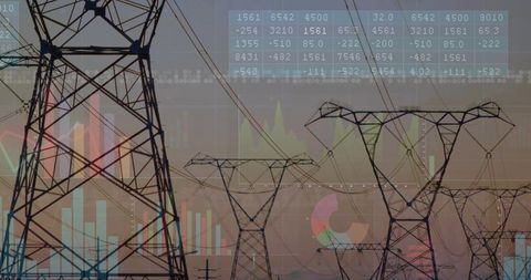 Transmission Towers at Dusk Showing Data Overlay for Smart Grid Analytics