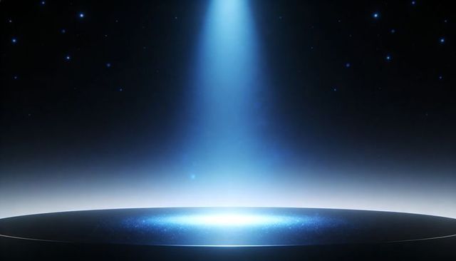 Futuristic spotlight illuminating glossy circular podium with cinematic starfield backdrop