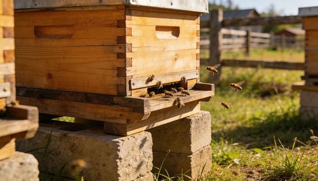 Rustic langstroth beehive with bees flying over landing board in sunny rural apiary