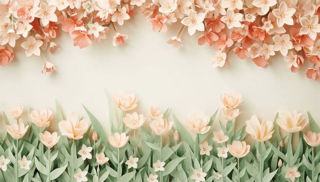 Peach pastel floral border featuring tulips, star blossoms and green foliage on cream