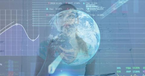 Data Analyst Interacting with Futuristic Globe and Holographic Charts