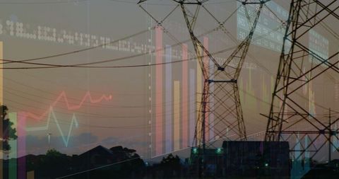 Power lines with financial graphs overlay technology theme