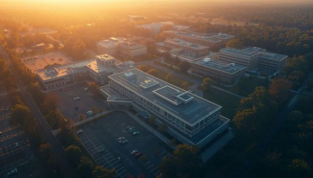 Modern corporate campus in golden hour aerial view