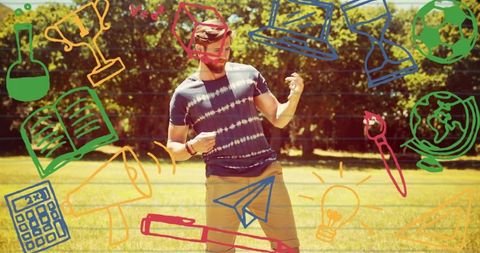 Man dancing holding smartphone outdoors with colorful learning and creativity icons overlay