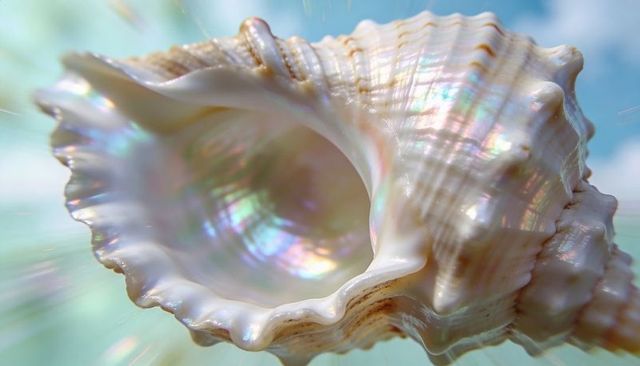 Macro close-up iridescent conch shell showing pearly nacre inside on soft aqua background