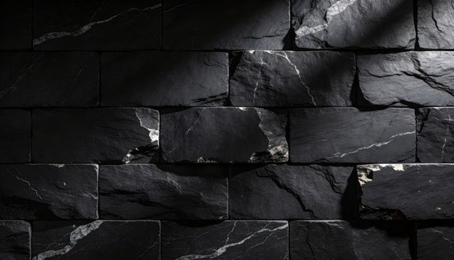 Stacked black slate architectural wall cladding with white veins under dramatic overhead lighting