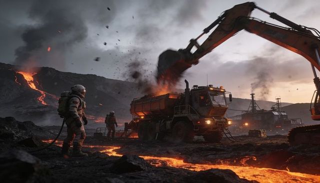 Loading dump truck with lava by hydraulic excavator on volcanic mining site