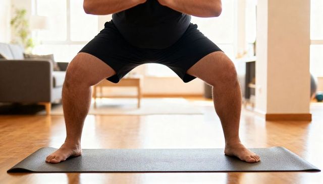 Home workout squatting man on mat strengthening legs and core in sunlit living room