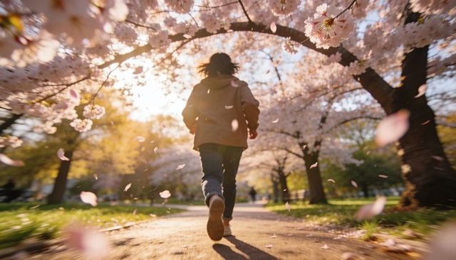 Running through Cherry Blossom Tunnel at Golden Hour, Falling Petals on Spring Trail