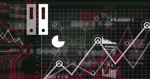 Cyber Threat Analytics Dashboard with Skull Crossbones, Rising Data Charts and Binary Nodes