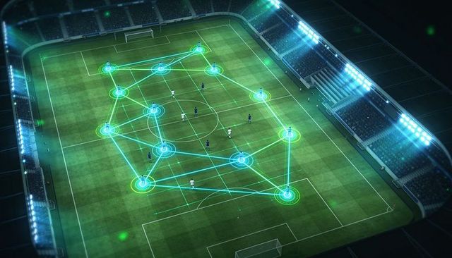 Holographic soccer tactics network visualizing team formation and real-time match analytics
