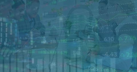 Diverse Coworkers Discussing Strategy with Overlaid Financial Data