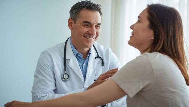 Doctor showing compassionate care to female patient in clinic office