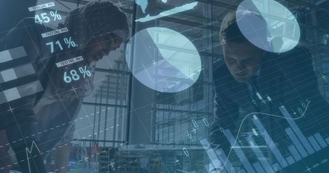 Diverse business professionals analyzing global data insights