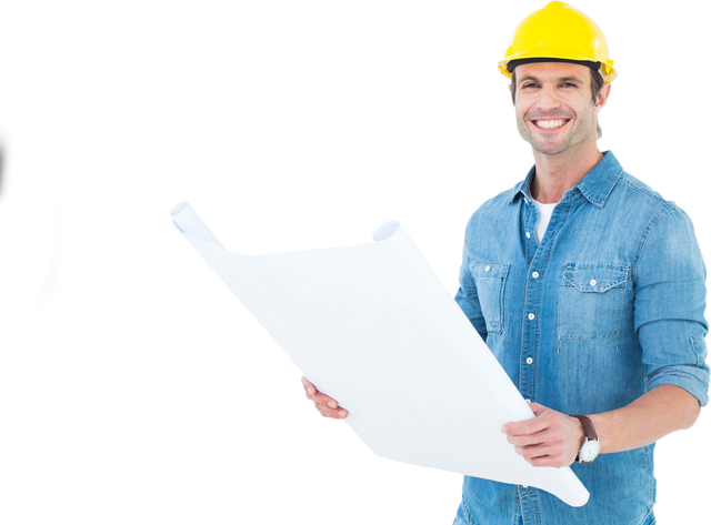 Smiling Male Architect Holding Open Blueprint, Wearing Hard Hat while isolated On Transparent Backgr - Download Free Stock Videos Pikwizard.com