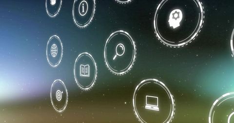 Holographic floating ui icons drifting through starfield for futuristic data interface