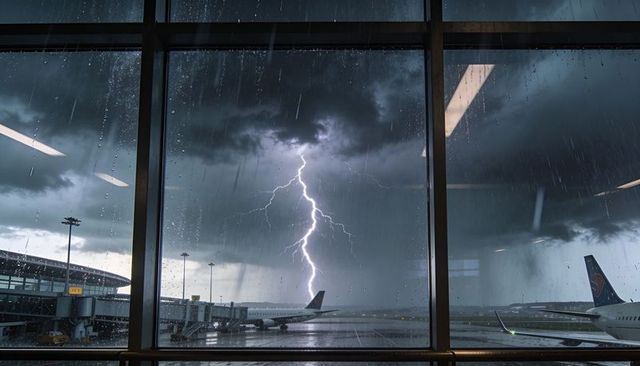Forked lightning striking rainy runway outside airport terminal window with planes