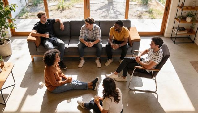 Sunlit living room group of friends sitting in circle chatting and sipping drinks