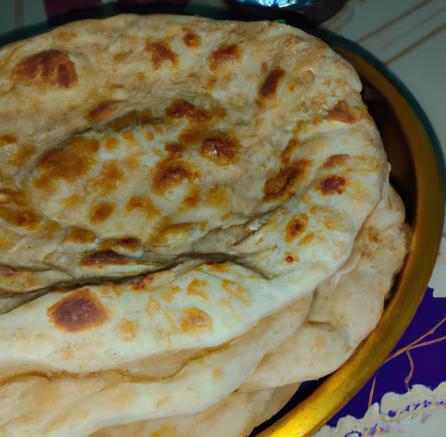 Close up of flat slices of baked roti bread on plate. Food, tradition and bread concept.