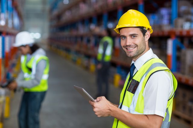 Portrait of warehouse manager holding digital tablet in warehouse