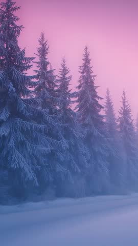 Vertical video capturing frosted evergreen forest under pink dawn sky with drifting mist
