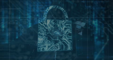 Digital Security Padlock and Cyber Hacker Interface Background