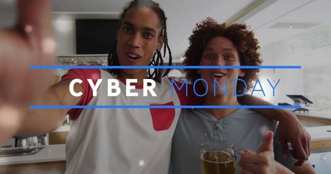 Friends Celebrating Cyber Monday at Bar with Beer Toast